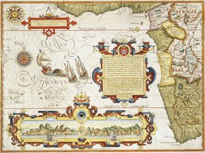 Mapa da costa oeste africana, 1596 (gravura colorida à mão)